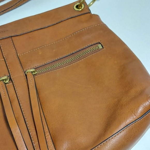 FOSSIL Crossbody Purse Soft Genuine Leather Bag Saddle Brown w Gold Key Charm - Picture 4 of 16